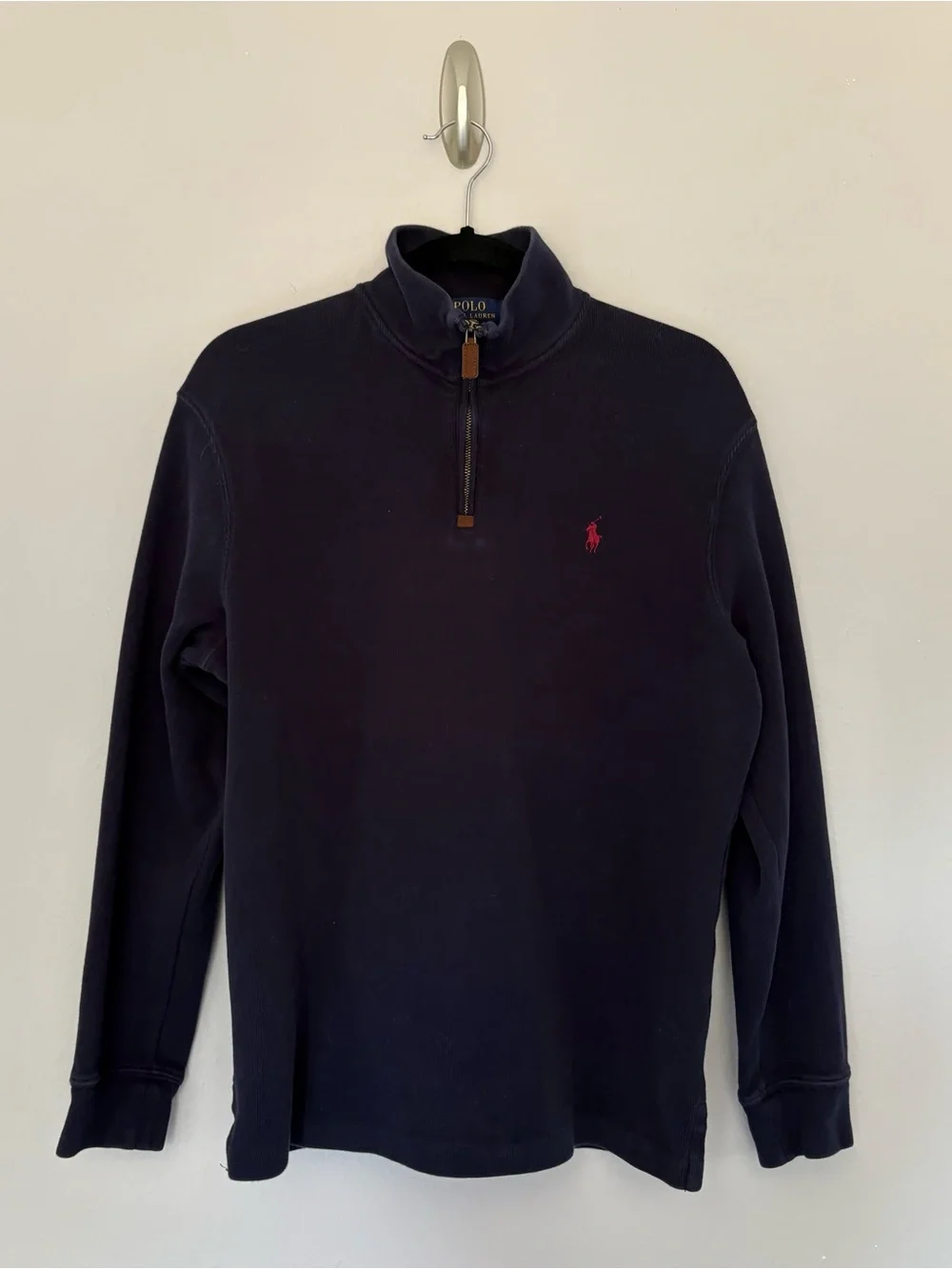 Polo Ralph Lauren Quarter Zip Estate Rib Pullover Navy Blue Pony Cotton - M